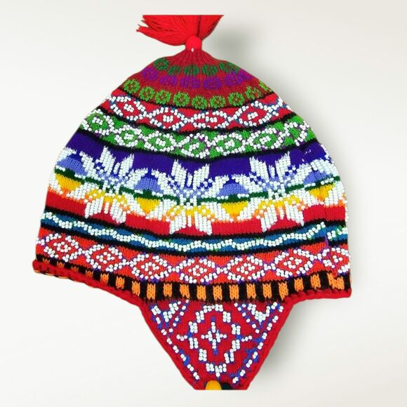 Allpaka Peruvian Handmade Unisex Beaded Chullo Shaman Tasseled Hat - Picture 1 of 9